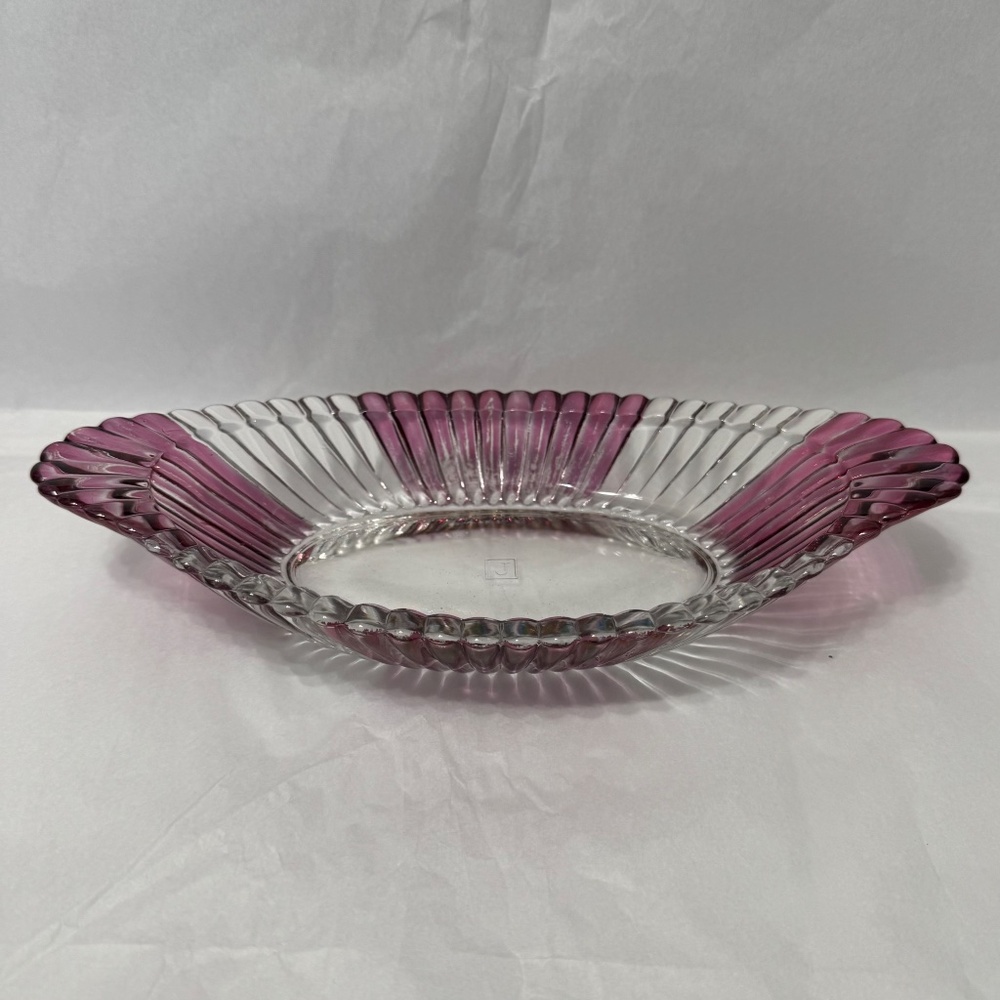 Jeanette Cut Glass Oval Ribbed Banana Split Candy/Relish Dish Cranberry/Clear